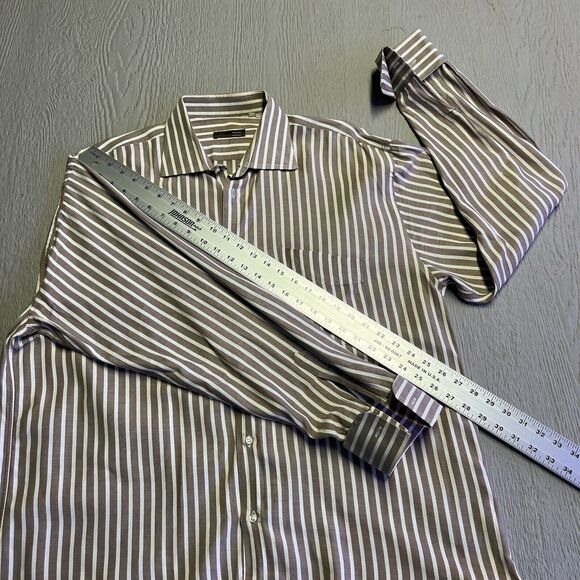 Tiglio Shirt Men  Beige Rustic Strip Cotton Dress Button Up Made in Italy 34/35 - Picture 10 of 14